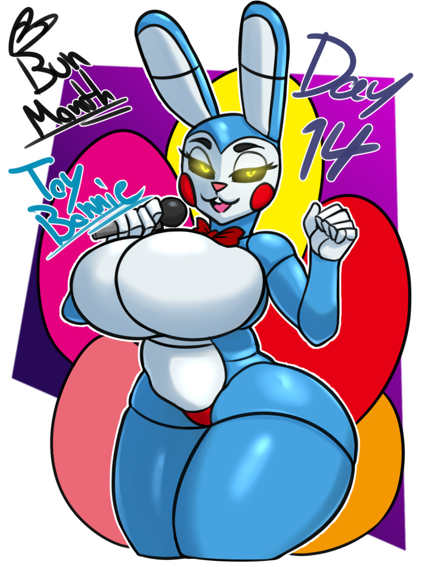 2022 anthro big_breasts blue_body breasts clothed clothing digital_media_(artwork) english_text female five_nights_at_freddy's five_nights_at_freddy's_2 hi_res holding_microphone holding_object jyto lagomorph leporid machine mammal microphone panties rabbit robot scottgames solo text thick_thighs topless toy_bonnie_(fnaf) underwear video_games