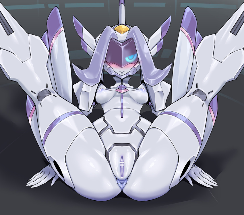 1girl anus bar_censor blush breasts censored chlorophytum closed_mouth colored_skin darling_in_the_franxx folded kneepits looking_at_viewer nipples one_eye_covered pochincoff purple_hair pussy robot small_breasts smile solo spread_legs visor white_skin