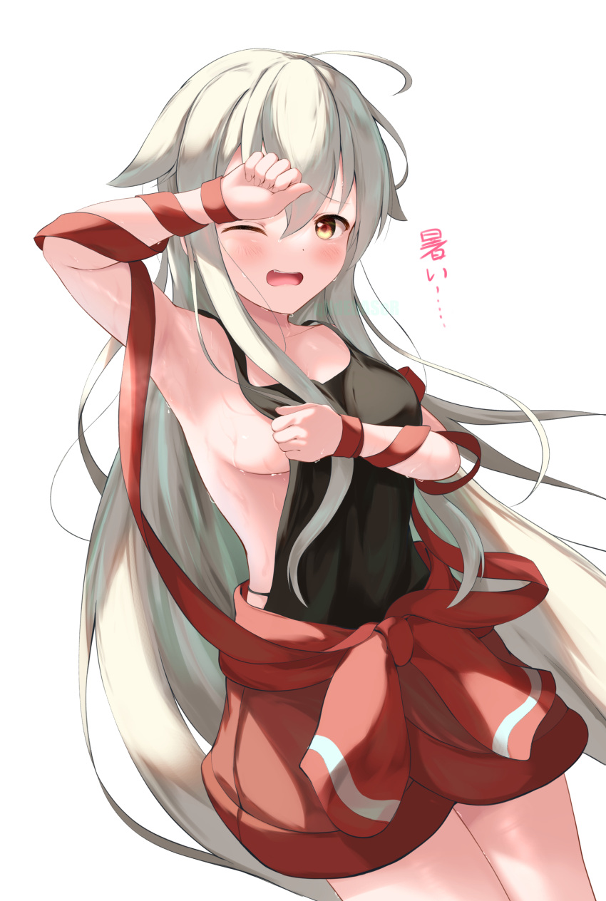 absurdres ahoge apron apron_tug arm_up armpits baggy_shorts bangs blush breasts chiya_(urara_meirochou) green_hair hair_between_eyes hand_on_forehead highres hot long_hair looking_at_viewer one_eye_closed open_mouth qndebaser sideboob simple_background small_breasts sweat translation_request urara_meirochou white_background yellow_eyes