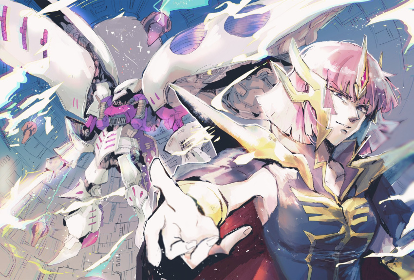 1girl blue_eyes cape dust_cloud forehead_jewel funnels_(gundam) gundam gundam_zz haman_karn headgear highres kare_(0621utak) mecha mobile_suit open_hand pink_hair qubeley science_fiction short_hair shoulder_pads smile solo zeon