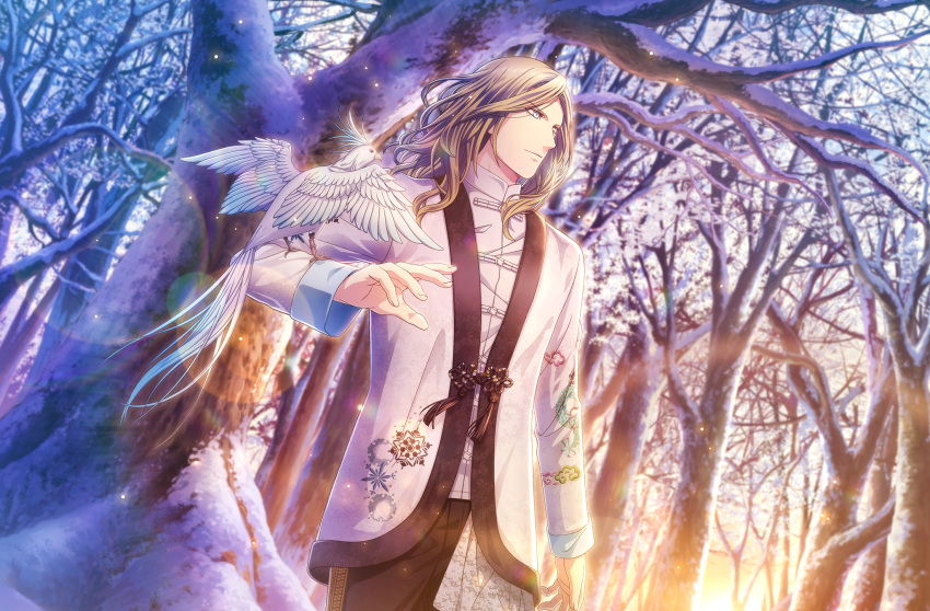 1boy animal_on_arm bare_tree bird bird_on_arm black_pants blue_eyes camus_(uta_no_prince-sama) chinese_clothes cowboy_shot dragon_print dutch_angle earrings embroidery flower_knot forest game_cg highres jacket jewelry lace lens_flare light_particles light_smile long_hair long_sleeves looking_afar looking_ahead looking_to_the_side male_focus nature official_art outdoors pants platinum_blonde_hair shirt single_earring snow snowflake_print solo standing sunrise tangzhuang tassel tassel_earrings third-party_source tree uta_no_prince-sama uta_no_prince-sama:_shining_live white_bird white_jacket white_shirt winter