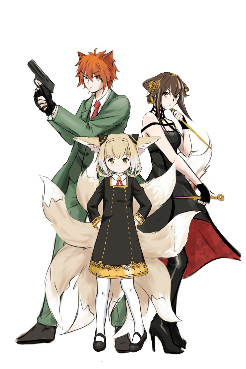 1boy 2girls animal_ears anya_(spy_x_family) arknights chiave_(arknights) cosplay dress folinic_(arknights) formal fox_ears fox_girl fox_tail full_body gun handgun high_heels highres mcstacygoldie multiple_girls necktie pistol red_hair spy_x_family suit suzuran_(arknights) tail twilight_(spy_x_family) weapon wolf_boy wolf_ears yor_briar