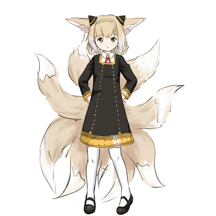 1girl absurdres animal_ears anya_(spy_x_family) anya_(spy_x_family)_(cosplay) arknights bangs black_dress black_footwear blonde_hair commentary cosplay dress english_commentary eyebrows_visible_through_hair fia_(mcstacygoldie) fox_ears fox_tail full_body hair_cones hair_ornament hair_rings hands_up highres long_sleeves looking_at_viewer mary_janes shoes short_dress short_hair simple_background smile solo spy_x_family standing suzuran_(arknights) tail thighhighs white_background white_legwear yellow_eyes