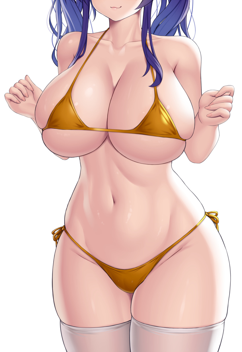 1girl :3 absurdres asamura_hiori azur_lane bangs bikini blue_hair breasts cleavage closed_mouth collarbone commentary_request eyebrows_visible_through_hair head_out_of_frame highres long_hair looking_at_viewer micro_bikini navel official_alternate_costume pola_(azur_lane) pola_(seaside_coincidence)_(azur_lane) simple_background smile solo standing swimsuit thighhighs twintails white_background white_legwear yellow_bikini