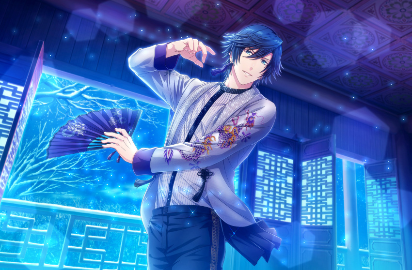 1boy architecture bare_tree black_pants blue_eyes blue_hair cowboy_shot dancing dragon_print earrings east_asian_architecture embroidery flower_knot game_cg grey_jacket hair_between_eyes hand_fan highres holding holding_fan ichinose_tokiya indoors jacket jewelry lens_flare light_particles long_sleeves looking_at_viewer male_focus official_art open_door pants parted_lips railing shirt short_hair single_earring smile snow snowflake_print solo sparkle standing striped striped_shirt tassel tassel_earrings third-party_source tree uta_no_prince-sama uta_no_prince-sama:_shining_live white_shirt winter