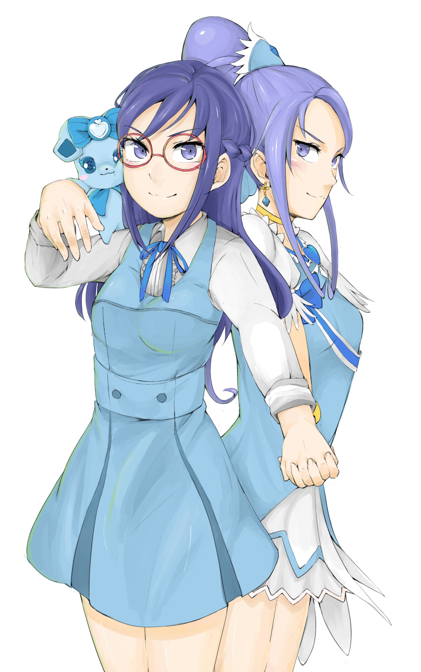 2girls absurdres blue_dress blue_eyes blue_hair breasts brooch choker collared_shirt cowboy_shot crystal_earrings cure_diamond dokidoki!_precure dress dual_persona earrings forehead glasses hair_ornament half_updo heart_brooch highres hishikawa_rikka jewelry koiwai_no_ekitai long_hair long_sleeves looking_at_viewer magical_girl multiple_girls pinafore_dress ponytail precure puffy_sleeves rakeru_(dokidoki!_precure) red-framed_eyewear shirt simple_background small_breasts smile tiara white_background white_shirt yellow_choker