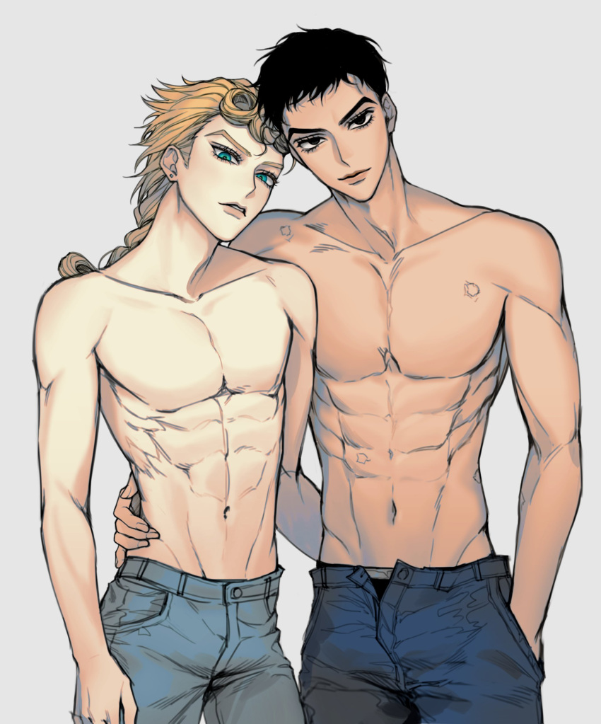 2boys abs black_hair blonde_hair blue_eyes braid braided_ponytail denim giorno_giovanna guido_mista hand_on_another's_waist highres jeans jojo_no_kimyou_na_bouken male_focus multiple_boys muscular muscular_male no_hat no_headwear pants ranch_jjba toned toned_male topless_male vento_aureo