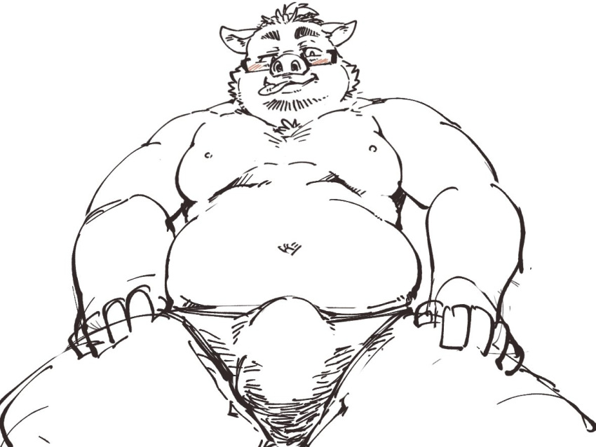 2022 anthro belly big_belly blush bulge clothing exe_exem humanoid_hands kemono male mammal moobs navel nipples overweight overweight_male simple_background sketch solo suid suina sus_(pig) tongue tongue_out underwear white_background wild_boar
