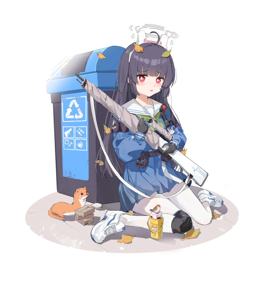 1girl absurdres animal animal_ears bangs bird black_gloves black_hair blue_archive blue_dress bolt_action chenmu_sora dress fake_animal_ears full_body gloves gun halo headband highres holding holding_gun holding_weapon knee_pads leaf leaf_on_head long_hair long_sleeves looking_at_viewer miyu_(blue_archive) mosin-nagant open_mouth pantyhose pink_eyes rabbit_ears rifle sailor_collar school_uniform shoes simple_background single_knee_pad sitting sneakers sniper_rifle solo trash_can wariza weapon weasel white_background white_footwear white_legwear