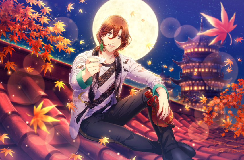 1boy :d animal_print architecture arm_rest bat_print black_footwear black_pants bottle brown_hair building cup earrings east_asian_architecture falling_leaves full_body full_moon game_cg glint grey_eyes hair_between_eyes highres holding holding_bottle holding_cup incoming_drink jacket jewelry knee_up kotobuki_reiji lantern leaf lens_flare light_particles looking_at_viewer male_focus maple_leaf moon night official_art on_roof pants sakazuki shirt short_hair single_earring sitting sky smile solo star_(sky) starry_sky striped striped_shirt tassel tassel_earrings teeth third-party_source two-tone_shirt upper_teeth uta_no_prince-sama uta_no_prince-sama:_shining_live white_jacket white_shirt