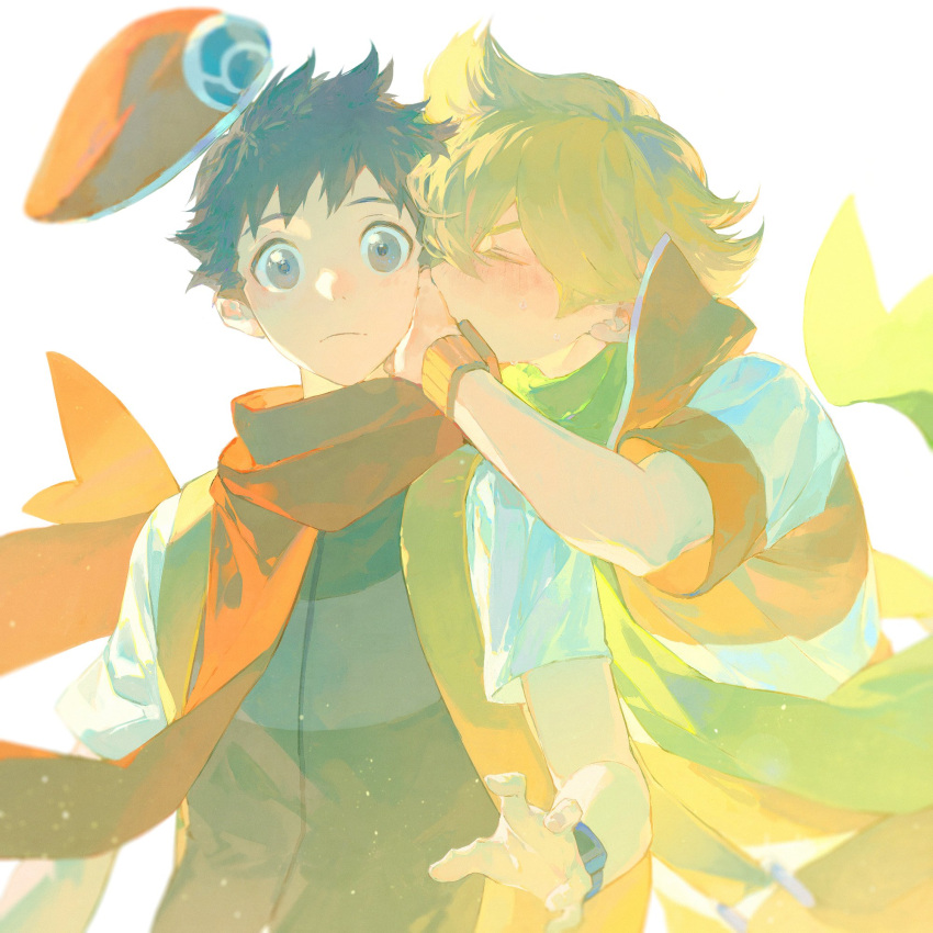 2boys alannoran barry_(pokemon) beret black_hair black_vest blonde_hair blurry blush closed_eyes closed_mouth commentary_request green_scarf grey_eyes hat hat_removed headwear_removed highres jacket kiss kissing_hand lucas_(pokemon) male_focus multiple_boys orange_headwear orange_scarf poke_ball_print pokemon pokemon_(game) pokemon_dppt poketch scarf shirt short_hair short_sleeves striped striped_jacket vest watch white_shirt wristwatch yaoi