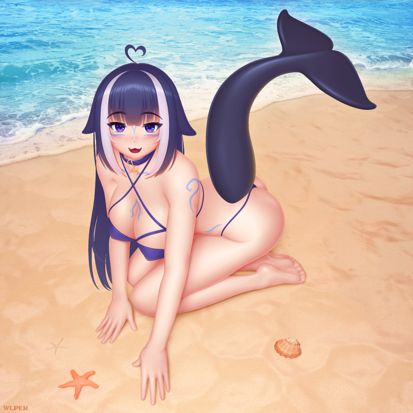 1girl :3 :d absurdres ahoge ass bangs bare_arms bare_legs bare_shoulders barefoot beach bikini blue_hair blush breasts cetacean_tail collar commentary english_commentary eyebrows_visible_through_hair facial_hair fangs full_body hair_between_eyes heart_ahoge highres indie_virtual_youtuber large_breasts long_hair looking_at_viewer multicolored_hair open_mouth orca_girl purple_eyes sand seashell seiza shell shylily sitting smile solo starfish swimsuit tattoo virtual_youtuber water white_hair wlper