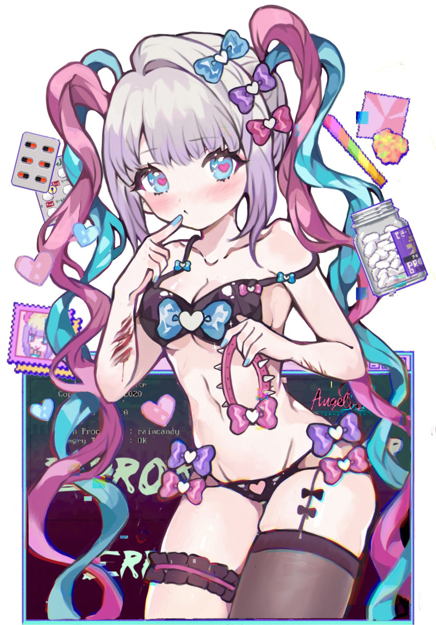 1girl bangs bikini blue_bow blue_eyes blue_hair blue_nails blunt_bangs blush bow breasts chouzetsusaikawa_tenshi-chan chromatic_aberration cleavage closed_mouth collar collarbone cowboy_shot drugs finger_to_mouth groin hair_bow heart heart-shaped_pupils highres injury mao_yue medium_breasts multicolored_hair multiple_hair_bows navel needy_girl_overdose pill pill_bottle pink_bow pink_hair pixelated purple_bow purple_hair scar sidelocks single_thighhigh solo spiked_collar spikes standing swimsuit symbol-shaped_pupils thigh_strap thighhighs underboob white_background wrist_cutting