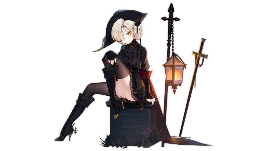 1girl ascot azur_lane black_ascot black_dress black_footwear black_nails boots braid breasts brown_legwear chain closed_mouth cross cross-laced_footwear cross_necklace dress hair_over_one_eye hand_on_own_knee hat high_heels highres jewelry knee_boots knee_up lace-up_boots lantern light_brown_hair looking_at_viewer maya_g necklace official_alternate_costume official_art one_eye_covered planted planted_sword sheffield_(azur_lane) sheffield_(bulletborne)_(azur_lane) short_hair simple_background sitting small_breasts solo stiletto_heels sword thighhighs transparent_background weapon yellow_eyes