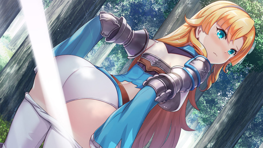 1girl armor artwhirl_mahou_gakuen_no_otome-tachi blonde_hair blue_eyes blue_shirt blue_sleeves blush boobplate breasts closed_mouth clothes_pull day dutch_angle emerane forest frown game_cg grey_hairband hairband leaning_forward long_hair long_sleeves looking_at_viewer medium_breasts nature outdoors panties pants pants_pull pulled_by_self shiny shiny_hair shirt shoulder_armor solo sunlight torn_clothes torn_shirt underwear undressing vanessa_(artwhirl) very_long_hair white_panties white_pants
