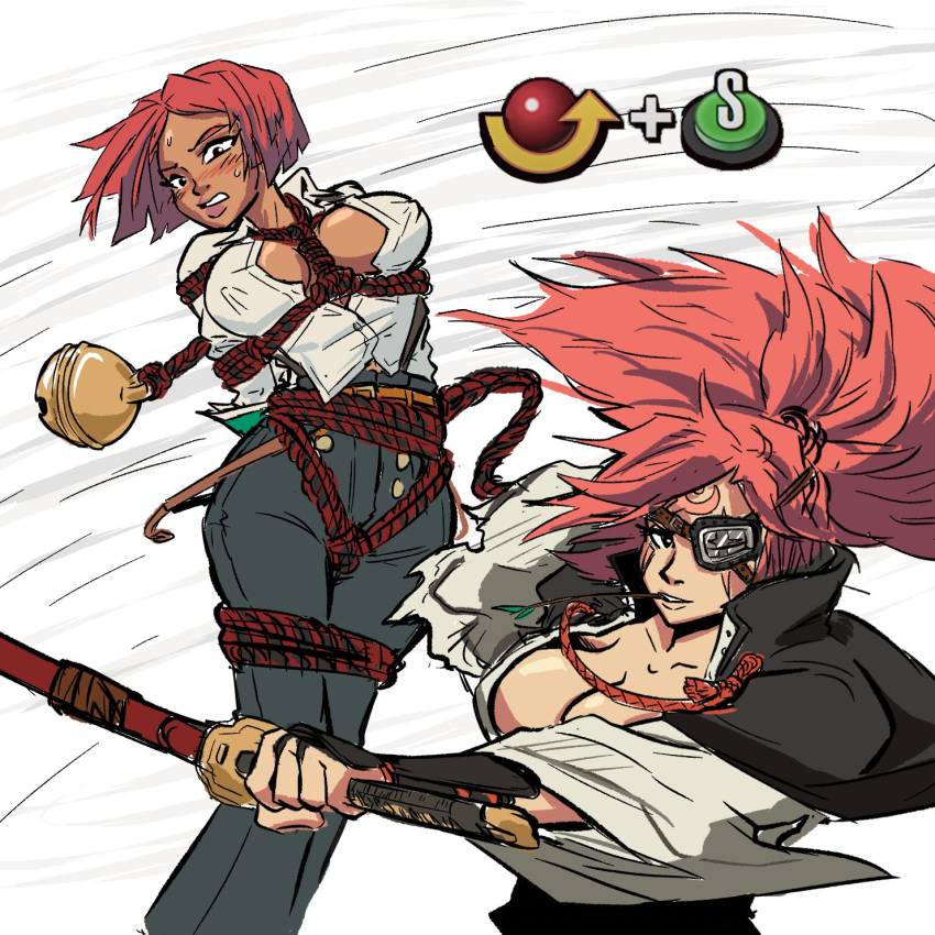 2girls amputee arms_behind_back baiken bell blush bound bound_arms bound_legs breast_bondage breasts cleavage covered_nipples dark-skinned_female dark_skin english_commentary eyepatch facial_tattoo gameplay_mechanics giovanna_(guilty_gear) guilty_gear guilty_gear_strive highres holding holding_sword holding_weapon jingle_bell katana large_breasts long_hair multiple_girls no_bra nose_blush one-eyed partially_unbuttoned pink_hair red_hair red_rope rope scar scar_across_eye shibari shibari_over_clothes spicymancer sword tattoo weapon yuri