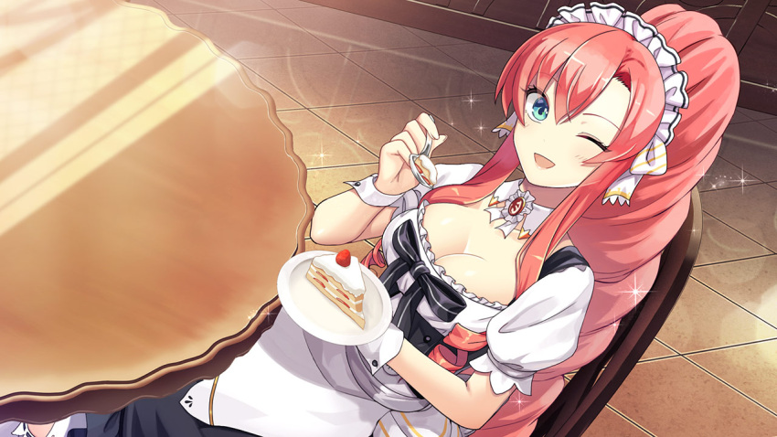 1girl ;d apron artwhirl_mahou_gakuen_no_otome-tachi black_bow black_skirt blue_eyes bow breasts cleavage collarbone detached_collar emerane game_cg high_ponytail holding holding_plate holding_spoon indoors large_breasts long_hair looking_at_viewer maid maid_headdress one_eye_closed pink_hair plate shiny shiny_hair shirt short_sleeves sitting skirt smile solo sparkle spoon very_long_hair victoria_(artwhirl) white_apron white_shirt wing_collar wrist_cuffs