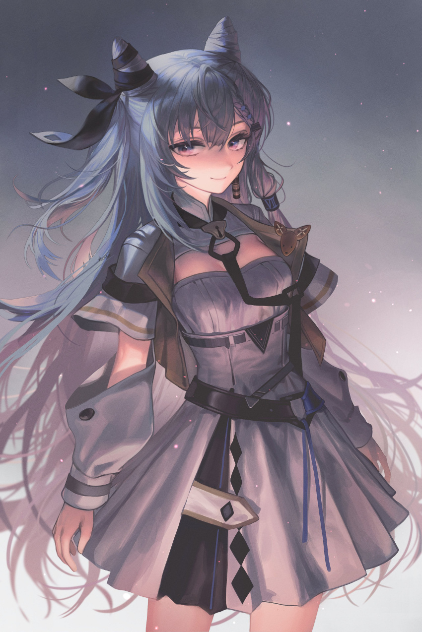 1girl absurdres dress earrings grey_hair hair_cones handot_(d_yot_) highres hololive hololive_indonesia jewelry keyhole long_hair purple_eyes single_earring smile twilight vestia_zeta virtual_youtuber white_dress