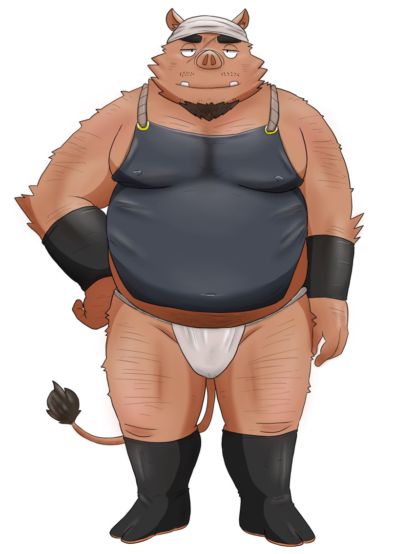 2022 anthro asian_clothing beard belly big_belly clothing east_asian_clothing facial_hair fundoshi hi_res humanoid_hands inunodaidokoro japanese_clothing kemono male mammal moobs overweight overweight_male scar simple_background solo suid suina sus_(pig) underwear white_background white_clothing white_fundoshi white_underwear wild_boar