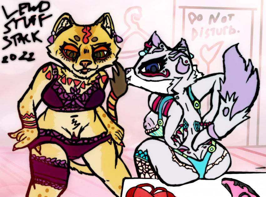 2022 anthro biped bottomwear bra breasts canid canine changing_clothing clothed clothing domestic_cat dressing_room_(disambiguation) duo ear_piercing ear_ring felid feline felis female feral fox fur garter_belt garter_straps genitals jewelry legwear lewdstuffstack lingerie lion mammal nova_(savannahlioness) pantherine panties partially_clothed piercing pose pussy savannahlioness_(character) smile thong trying_on_clothing underwear