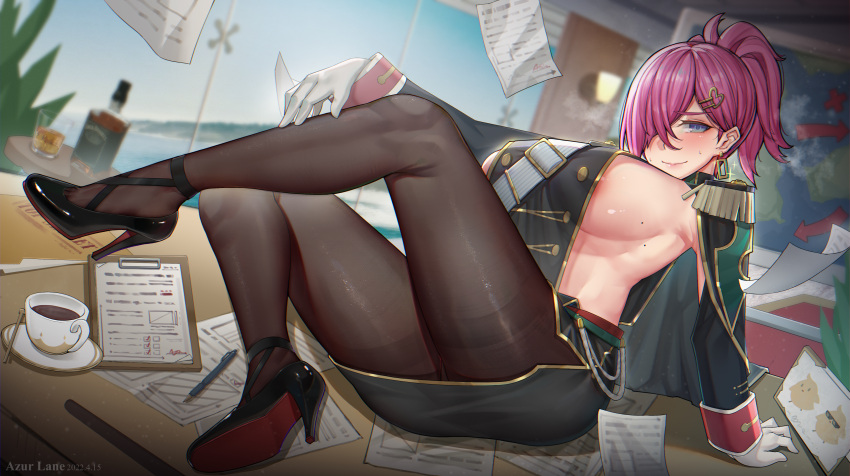 1girl absurdres aiguillette azur_lane black_coat black_footwear black_jacket black_legwear black_skirt blurry blurry_background blush breasts coat ctrlz77 earrings epaulettes full_body gloves gold_trim green_eyes hair_over_one_eye high_heels highres indoors jacket jewelry large_breasts looking_at_viewer military military_uniform miniskirt mole mole_on_breast no_bra pantyhose pencil_skirt ponytail purple_hair shoes sideboob skirt solo trieste_(azur_lane) uniform white_gloves
