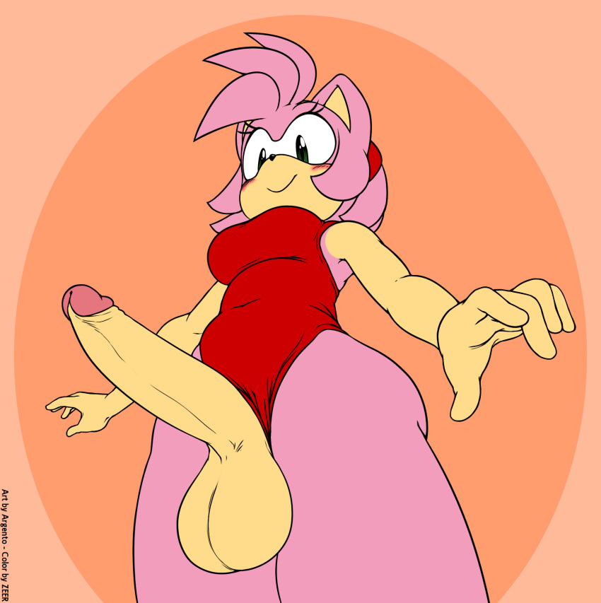 amy_rose anthro argento balls big_balls big_breasts big_penis blush breasts clothing crossgender erection eulipotyphlan fingers genitals gynomorph hedgehog hi_res humanoid_genitalia humanoid_hands intersex looking_down low-angle_view mammal one-piece_swimsuit penis presenting presenting_penis sega simple_background smile solo sonic_the_hedgehog_(series) standing swimwear thick_thighs zeer