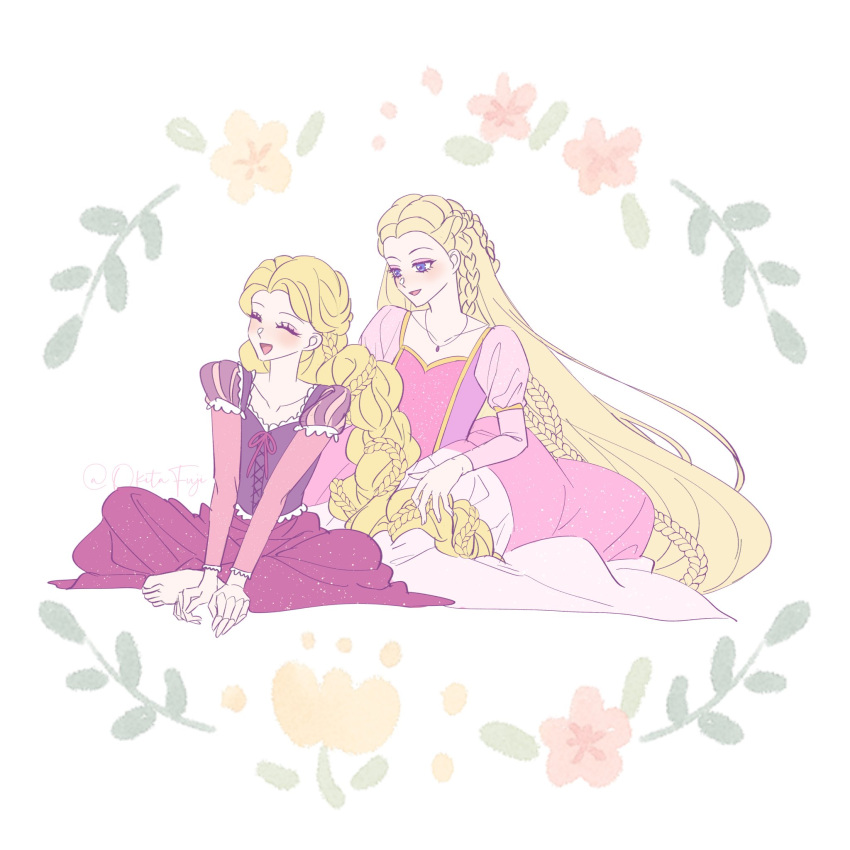 2girls alternate_eye_color blonde_hair braid braiding_hair dress formal friends hairdressing highres long_hair look-alike medieval multiple_girls okitafuji pink_dress princess princess_dress purple_dress purple_eyes rapunzel rapunzel_(barbie) rapunzel_(disney) sitting very_long_hair