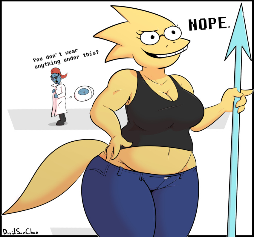 alphys alternate_costume anthro belly bottomwear breasts cleavage clothed clothing clothing_swap davidsanchan denim denim_clothing duo english_text female fish grin jeans marine midriff open_mouth pants reptile scalie shirt simple_background smile tank_top text topwear undertale_(series) undyne white_background