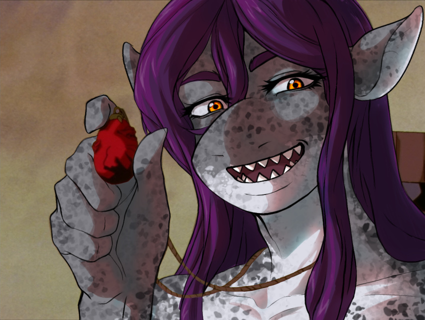 amber_eyes ambiguous_gender anthro behelit_(berserk) belly berserk ectofacialblast eyebrows eyelashes female fish freckles grey_body griffith hair holding_object jewelry lamnid lamniform marine markings meme muscular muscular_anthro necklace parody purple_hair salmon_shark scene_parody shark sharp_teeth shelby_(aquasnug) simple_background smile snout solo spots teeth white_belly