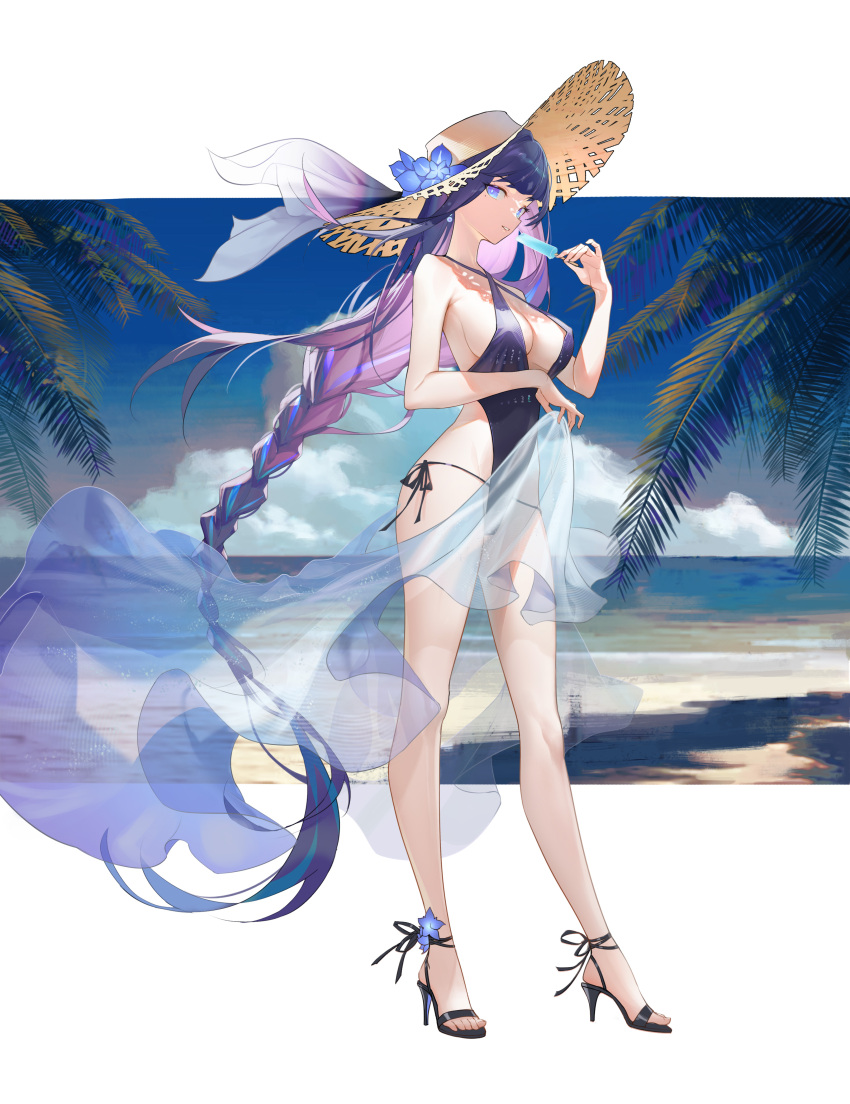 1girl absurdres ankle_flower bangs beach black_footwear black_swimsuit blue_eyes blue_flower blue_hair blunt_bangs braid braided_ponytail breasts cleavage cloud commentary criss-cross_halter earrings english_commentary flower food from_side full_body genshin_impact halterneck hand_up hat hat_flower hat_ribbon high_heels highres holding holding_food holding_sarong horizon jewelry jiangyiting17 legs_apart long_hair looking_at_viewer multicolored_hair ocean palm_leaf plunging_neckline popsicle purple_hair raiden_shogun ribbon sarong see-through side-tie_swimsuit single_braid sky standing stiletto_heels straw_hat streaked_hair sun_hat swimsuit very_long_hair