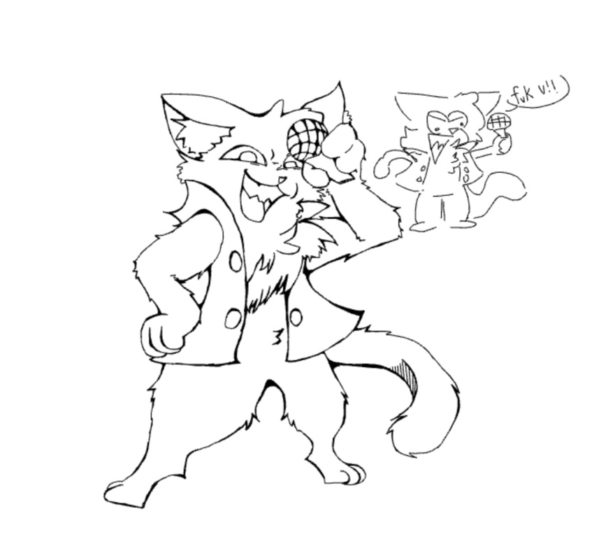 2022 3_fingers ambiguous_form ambiguous_gender anthro arm_tuft belly_tuft button_up_jacket cat_tail chest_fur clothed clothing digital_drawing_(artwork) digital_media_(artwork) domestic_cat felid feline felis fingers flufferzz fur hand_on_hip head_floof head_tuft hi_res holding_microphone holding_object inner_ear_fluff jacket jacket_only looking_at_viewer mammal microphone monochrome narrowed_eyes open_clothing open_jacket open_mouth open_topwear raised_arm rubin_(flufferzz) simple_background solo solo_focus squint topwear tuft tufted_fur white_background