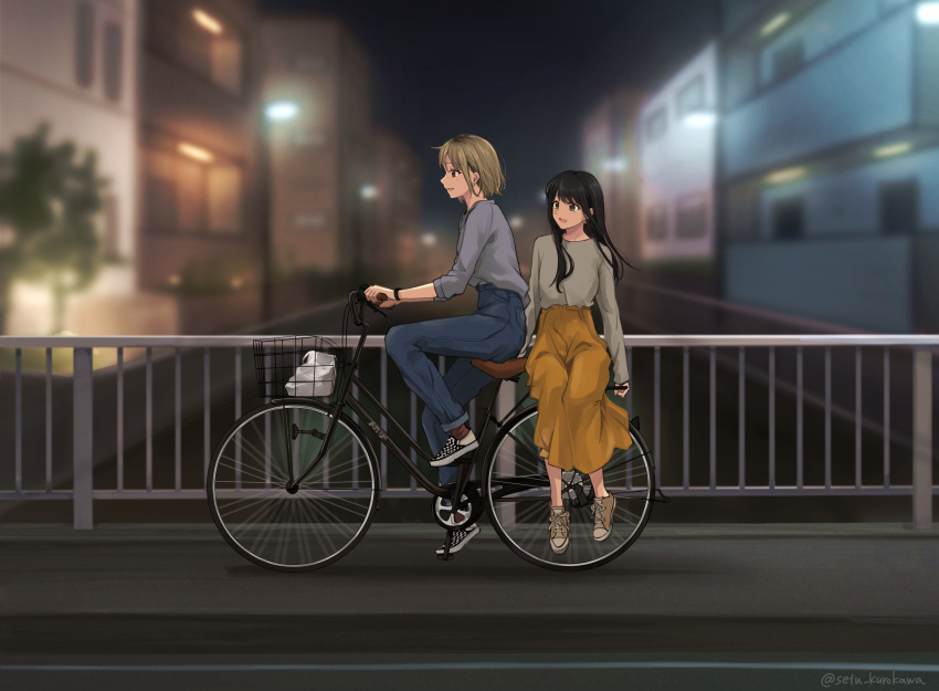 2girls absurdres bicycle black_hair blonde_hair blurry blurry_background commentary denim ground_vehicle highres jeans long_hair long_skirt multiple_girls multiple_riders night original outdoors pants setu_kurokawa short_hair sitting skirt