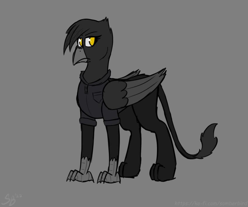 2022 avian beak black_body black_feathers clothing feathers female feral grey_background gryphon hasbro hi_res long_tail my_little_pony mythological_avian mythology signature simple_background solo sombird standing tail_tuft tuft uniform wings