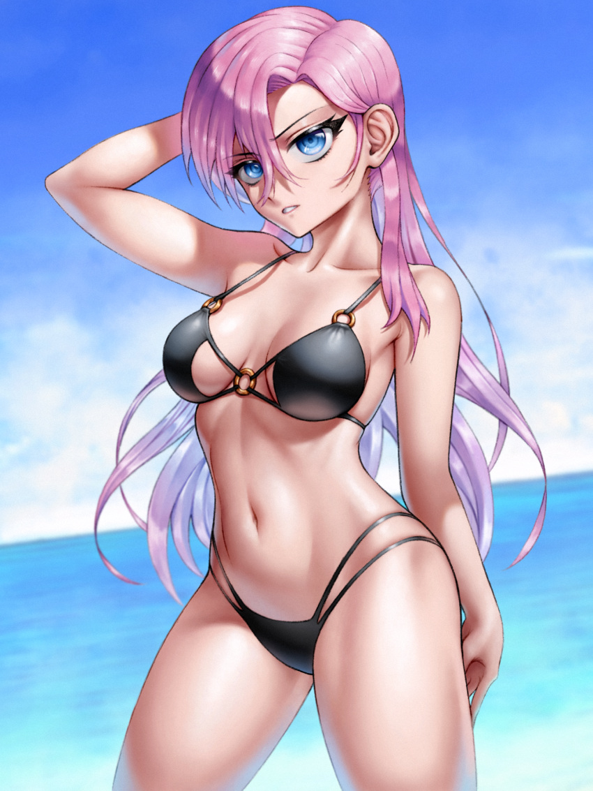 1girl bikini blue_eyes blue_sky breasts cloud day eyebrows_visible_through_hair hair_between_eyes highres horizon kawaii_dake_ja_nai_shikimori-san long_hair looking_at_viewer medium_breasts multi-strapped_bikini navel o-ring o-ring_bikini o-ring_top ocean outdoors parted_lips pink_hair shikimori_(kawaii_dake_ja_nai) sky skylock solo stomach strap_gap swimsuit very_long_hair water