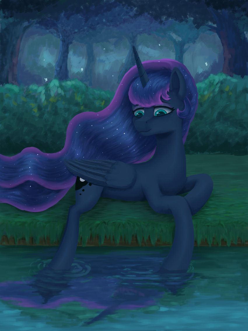 absurd_res blue_body blue_eyes blue_hair blue_tail cutie_mark equid equine female feral friendship_is_magic hair hi_res horn lin_feng looking_down mammal my_little_pony outside plant princess_luna_(mlp) river solo tree water winged_unicorn wings
