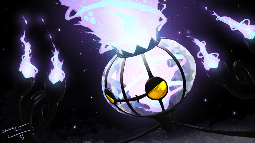 absurdres black_background chandelier chandelure commentary english_commentary eriott fire flame half-closed_eyes highres no_humans pokemon pokemon_(creature) solo yellow_eyes