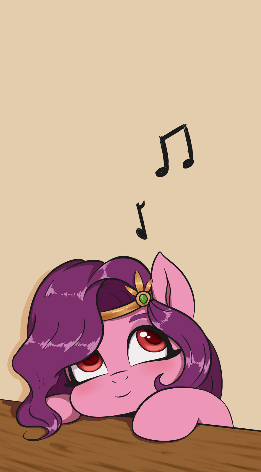 absurd_res blush crown equid equine female feral hair hasbro hi_res lin_feng looking_up mammal mlp_g5 musical_note my_little_pony pink_body pipp_petals_(mlp) purple_hair red_eyes simple_background solo