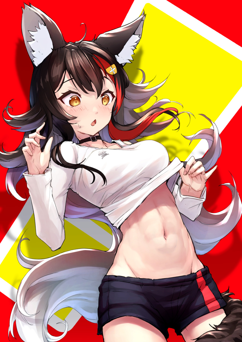 1girl abs ahoge animal_ear_fluff animal_ears bangs black_hair black_shorts blush breasts clothes_lift clothes_pull clothing_cutout fingernails flipped_hair groin hair_between_eyes hair_ornament hairclip highres hololive lifted_by_self long_hair looking_down low_ponytail medium_breasts midriff mitsuru_(pixiv_34028718) multicolored_hair navel ookami_mio red_hair shirt shirt_lift short_shorts shorts shorts_pull shoulder_cutout sidelocks solo spiked_hair streaked_hair tail tail_around_leg tail_wrap toned very_long_hair virtual_youtuber white_hair white_shirt wolf_ears wolf_girl wolf_tail yellow_eyes