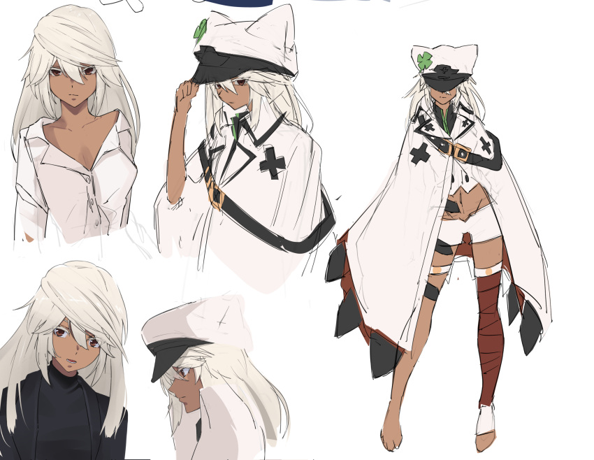 1girl bandages character_sheet clover dark-skinned_female dark_skin execneet four-leaf_clover guilty_gear guilty_gear_strive hair_between_eyes hat highres long_hair midriff military military_uniform multiple_views navel platinum_blonde_hair ramlethal_valentine uniform