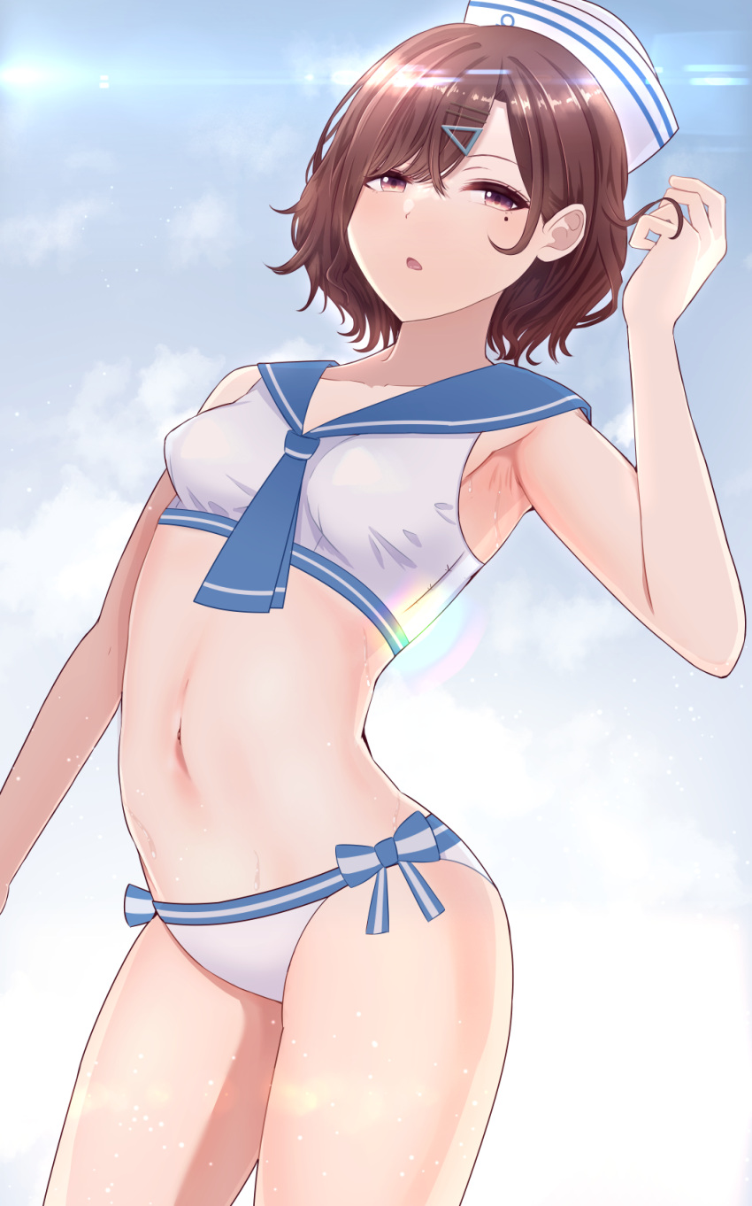 1girl armpits bangs bikini brown_hair hair_ornament hairclip hat highres higuchi_madoka idolmaster idolmaster_shiny_colors looking_at_viewer mole mole_under_eye navel purple_eyes sailor_bikini sailor_collar sailor_hat sailor_swimsuit_(idolmaster) shimashi_(mori_no_sato) short_hair solo sweatshirt swept_bangs swimsuit wet white_bikini