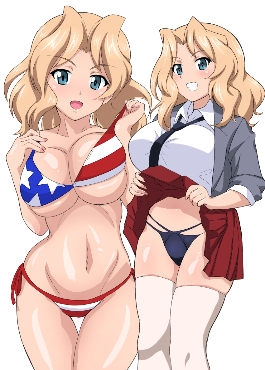 1girl absurdres american_flag_bikini bikini black_necktie black_panties blonde_hair blue_eyes blush breasts cleavage clothes_lift eyebrows_visible_through_hair flag_print girls_und_panzer grin highres kay_(girls_und_panzer) large_breasts lifted_by_self looking_at_viewer miniskirt multiple_views navel necktie open_mouth panties pleated_skirt red_skirt saunders_school_uniform school_uniform shiny shiny_hair shiny_skin simple_background skirt skirt_lift smile swimsuit thighhighs underwear white_background white_legwear yasuoextuuuuuu