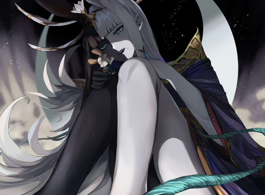 animal_ears aqua_eyes bangs black_hair black_skin blunt_bangs carrot colored_skin commentary crescent_moon feet_out_of_frame final_fantasy final_fantasy_xiv giant giantess glaa_da hand_on_another's_face highres japanese_clothes kimono long_hair looking_at_another loporrit mole mole_under_mouth moon multicolored_hair multicolored_skin parted_lips purple_kimono rabbit_ears sitting size_difference split-color_hair straight_hair tiara tsukuyomi_(ff14) two-tone_hair two-tone_skin white_hair white_skin