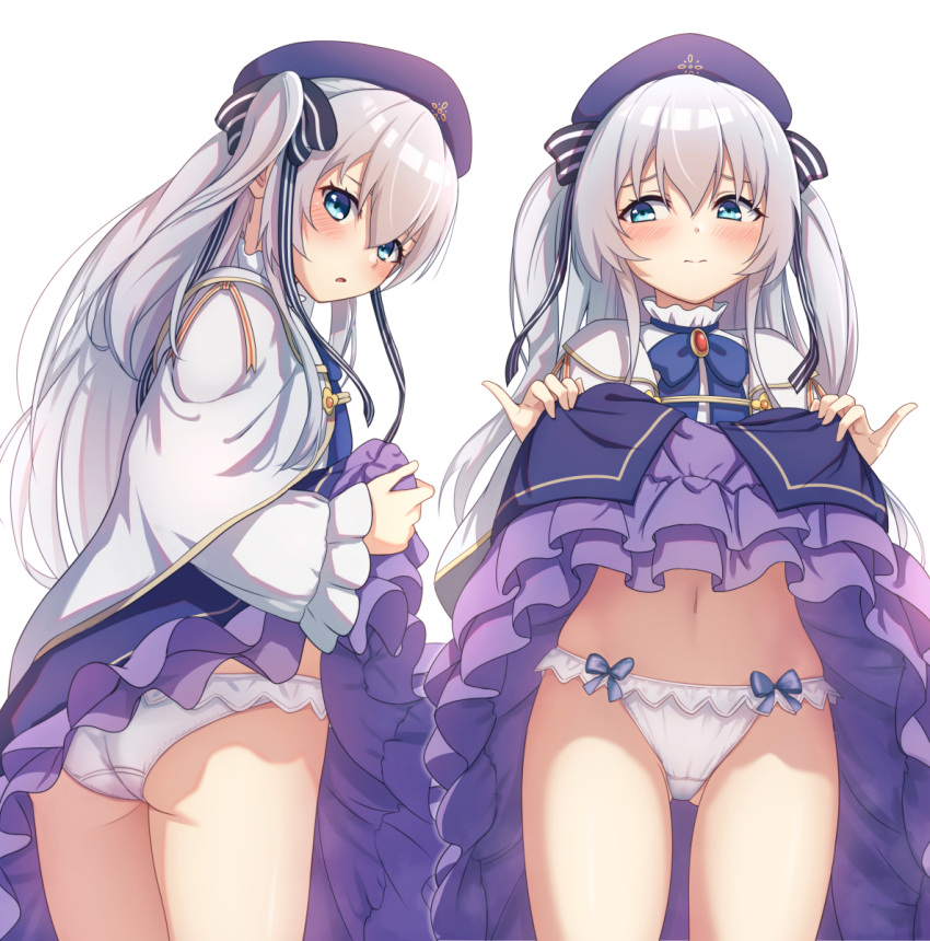 ass ass_visible_through_thighs blue_eyes blue_headwear blue_skirt blush capelet celia_claire clothes_lift grey_hair groin hat highres kamuchin_soda lifted_by_self long_hair navel panties ribbon seirei_gensouki shirt skirt skirt_lift two_side_up underwear white_capelet white_panties white_shirt