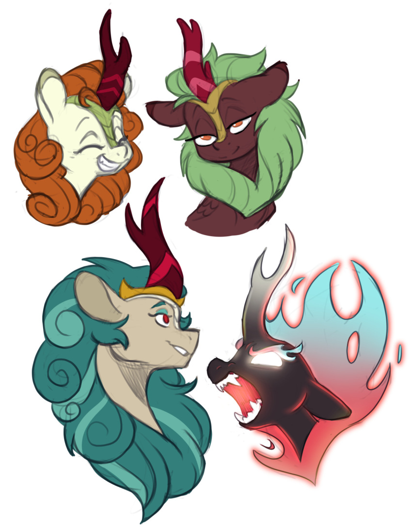 angry asian_mythology autumn_blaze_(mlp) black_body brown_body chinese_mythology chub-wub cinder_glow_(mlp) east_asian_mythology eyes_closed female feral fire flaming_hair flaming_mane friendship_is_magic green_mane half-closed_eyes hasbro hi_res horn kirin mane my_little_pony mythology narrowed_eyes open_mouth orange_eyes orange_mane pseudo_hair pseudo_mane queen_rain_shine_(mlp) red_eyes sharp_teeth smile teeth