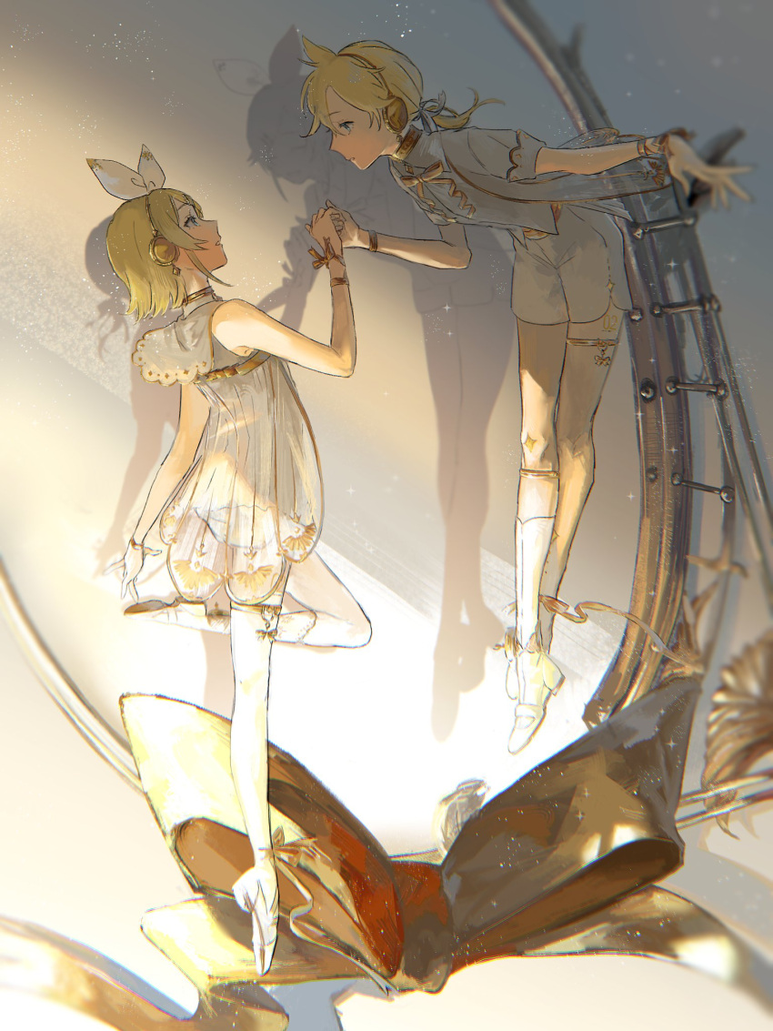 1boy 1girl blonde_hair bow dress earphones gloves hair_bow highres holding_hands kagamine_len kagamine_rin miku_symphony_(vocaloid) mirror pd_ta1 short_hair short_sleeves shorts vocaloid