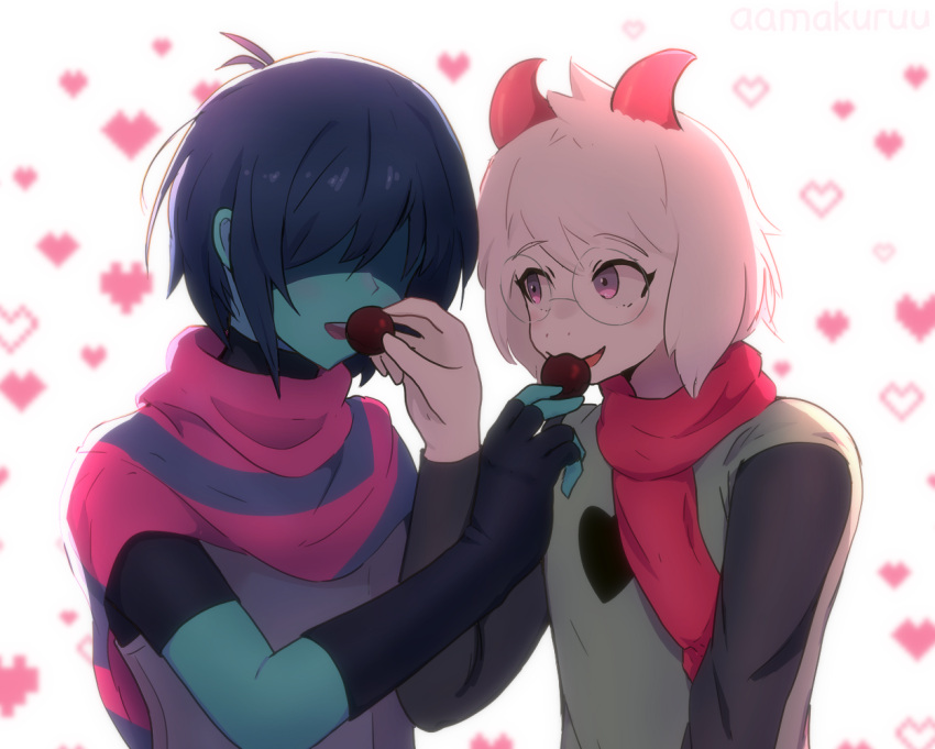 &lt;3 2_horns aamakuruu ambiguous_gender anthro blue_body blue_hair blush bovid candy caprine chocolate clothing deltarune dessert duo eyewear feeding_each_other food fur glasses goat hair handwear horn human kris_(deltarune) male mammal pink_eyes pink_horn ralsei scarf simple_background undertale_(series) video_games white_body white_fur