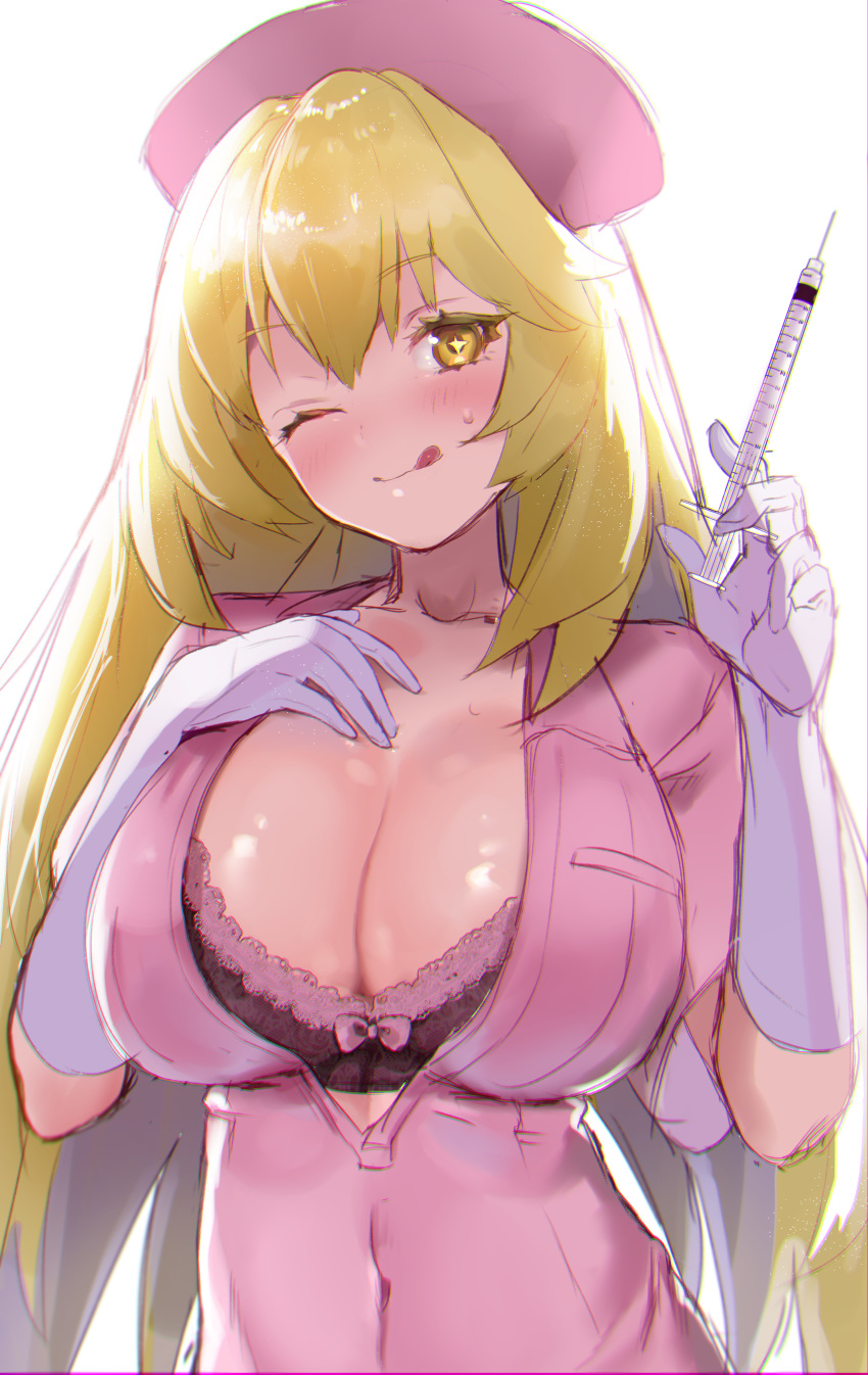 1girl :p absurdres bangs bishooji black_bra blonde_hair bra breasts cleavage covered_navel elbow_gloves eyebrows_visible_through_hair gloves hand_on_own_chest hat highres holding holding_syringe large_breasts long_hair looking_at_viewer nurse nurse_cap one_eye_closed pink_shirt shirt shokuhou_misaki solo star-shaped_pupils star_(symbol) symbol-shaped_pupils syringe toaru_kagaku_no_railgun toaru_majutsu_no_index tongue tongue_out underwear upper_body white_gloves yellow_eyes