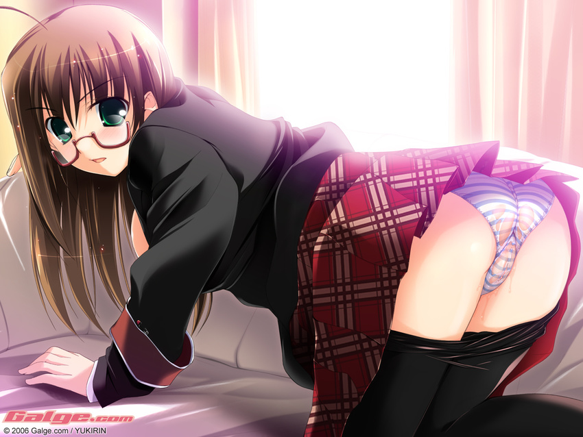 ahoge all_fours artist_name ass black_legwear blazer blue_panties blush breasts brown_hair couch galge.com glasses green_eyes jacket large_breasts long_hair long_sleeves looking_at_viewer looking_back open_clothes open_mouth open_shirt panties pantyhose pantyhose_pull plaid plaid_skirt pleated_skirt pussy pussy_juice red-framed_eyewear school_uniform see-through shirt sideboob skirt solo striped striped_panties trefoil underwear wallpaper watermark wet wet_clothes wet_panties yukirin