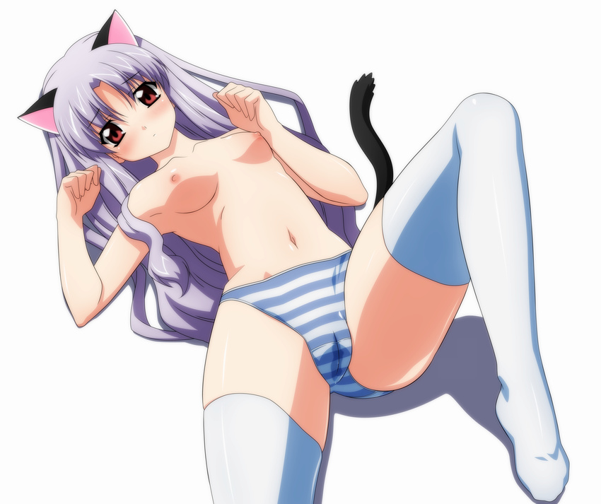 absurdres animal_ears azmaria_hendric blush breasts cameltoe cat_ears cat_tail chrono_crusade highres lavender_hair long_hair lying no_bra on_back panties paw_pose petite pussy_juice red_eyes small_breasts solo spread_legs striped striped_panties sugimura_tomokazu tail thighhighs topless underwear underwear_only wet wet_clothes wet_panties white_legwear