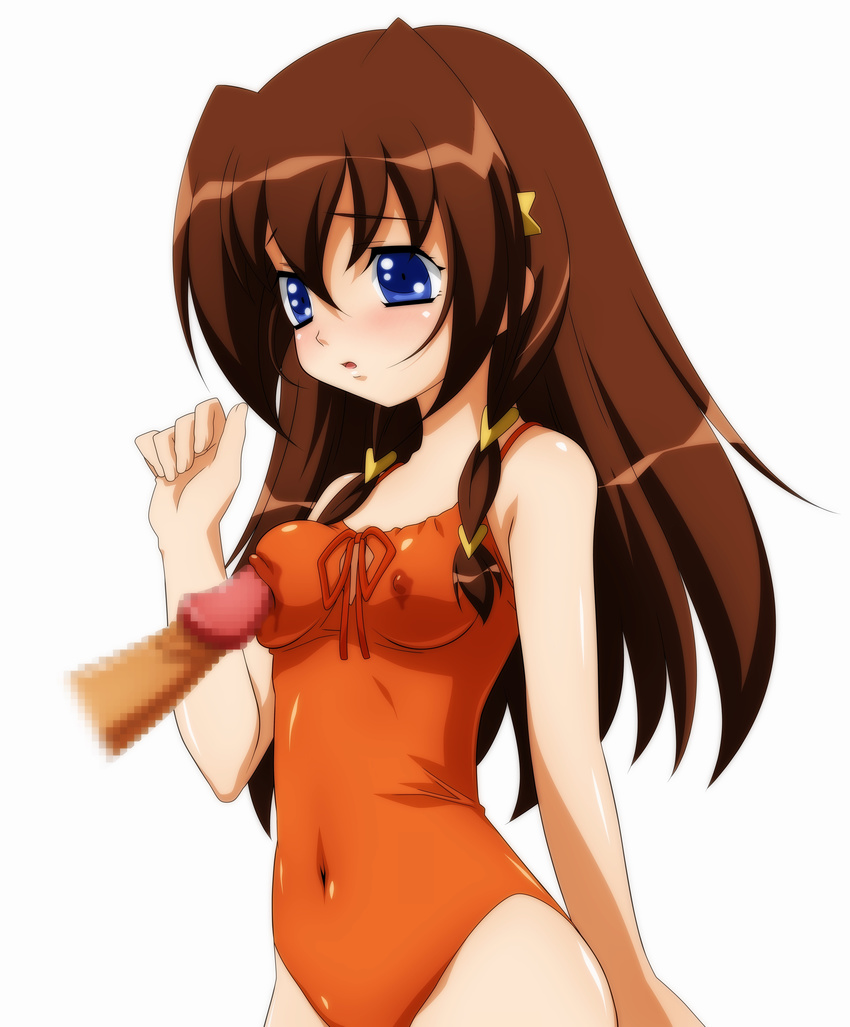 absurdres blue_eyes blush breast_poke breasts brown_hair casual_one-piece_swimsuit censored covered_nipples disembodied_penis highres mosaic_censoring navel nipple_tweak one-piece_swimsuit penis poking precum simple_background small_breasts solo_focus sugimura_tomokazu swimsuit tachibana_ichika utakata
